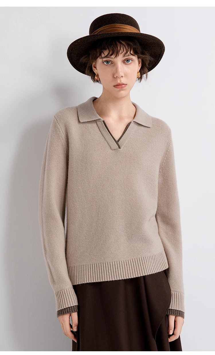 TX862182 Damen-Pullover mit Polokragen und offenem V-Ausschnitt aus Wolle-Kaschmir-Mischung, entspannte Passform, dezenter Luxus für den frühen Herbst. – Detail 7