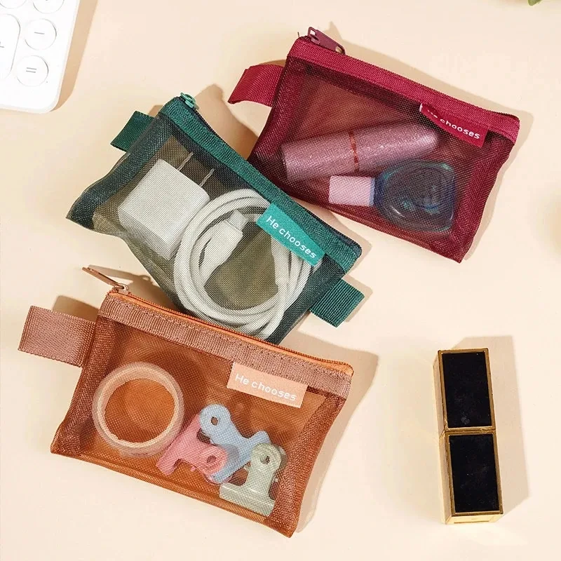 المرأة ريترو اللون شبكة حقيبة التخزين لطيف محفظة نسائية للعملات المعدنية الصغيرة المحمولة أحمر الشفاه كابل بيانات سماعة المنظم الحقيبة مقلمة