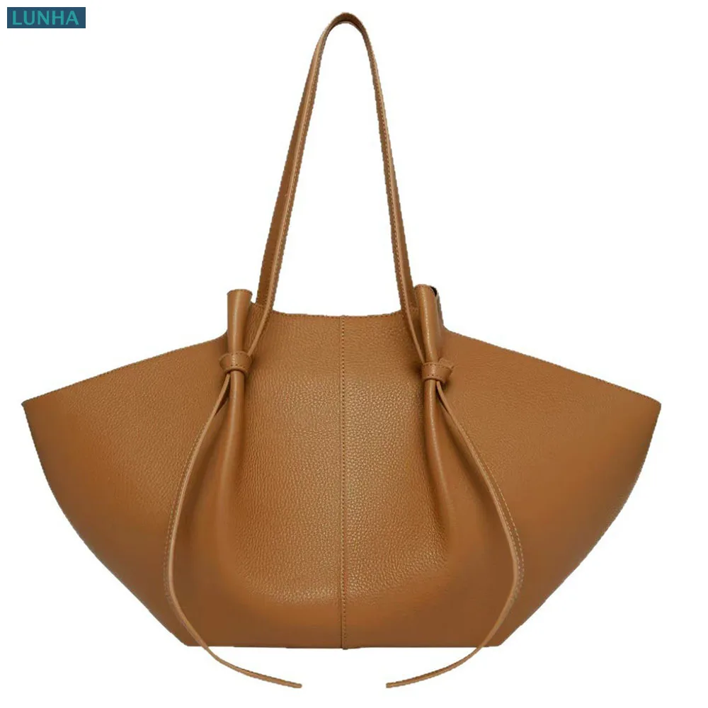 Women's Grained Leather Winged Shoulder Tote Bag Knotted Drawstring Soft Structured Luxury Everyday Commuter Large Handbag