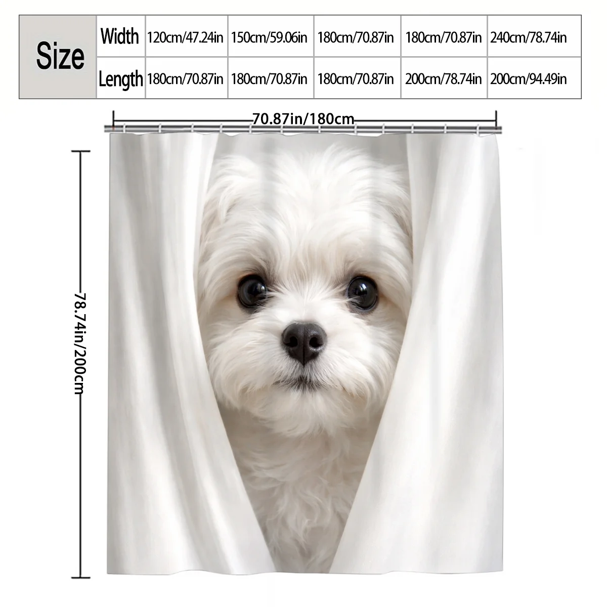 1pc Adorable White Puppy Shower Curtain, Bathroom Decor, Multi-Size Options (120x180cm, 150x180cm, 180x180cm, 180x200cm, 240x200