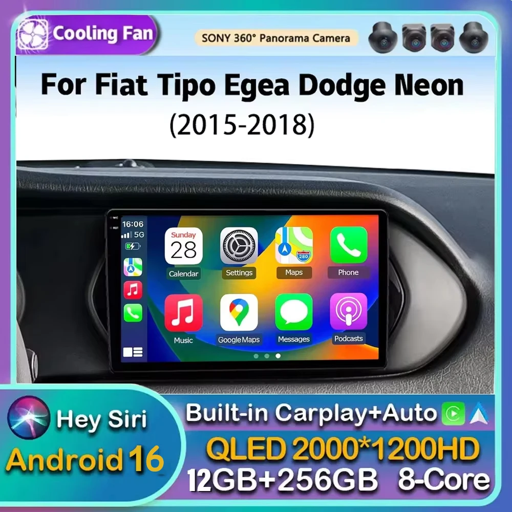 2K QLED Stereo Android 16 For Fiat Tipo Egea Dodge Neon 2015-2018 Car Radio Multimedia Video Player GPS 4G CarPlay
