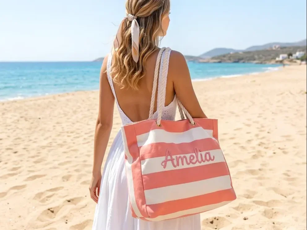 Personalized Mother's Day Gift, Striped Beach Bag with Zipper, Custom Name Tote, Bride Party Favors Totes, Waterproof Pool Bag