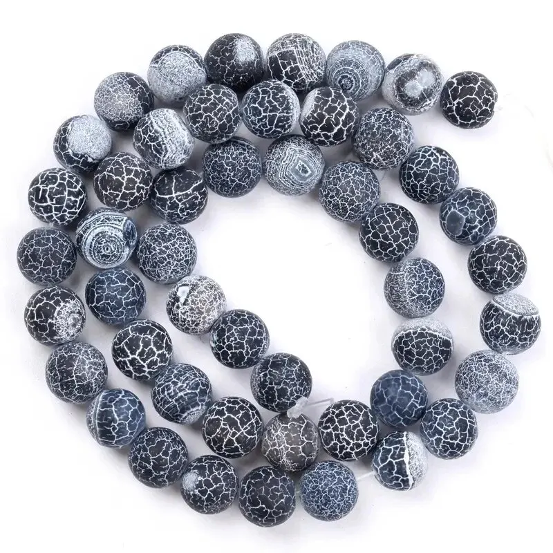 6-10mm Black Frost Crack Stone Circular Loose Smooth Beads Used for Jewelry Making DIY Bracelets and Necklaces