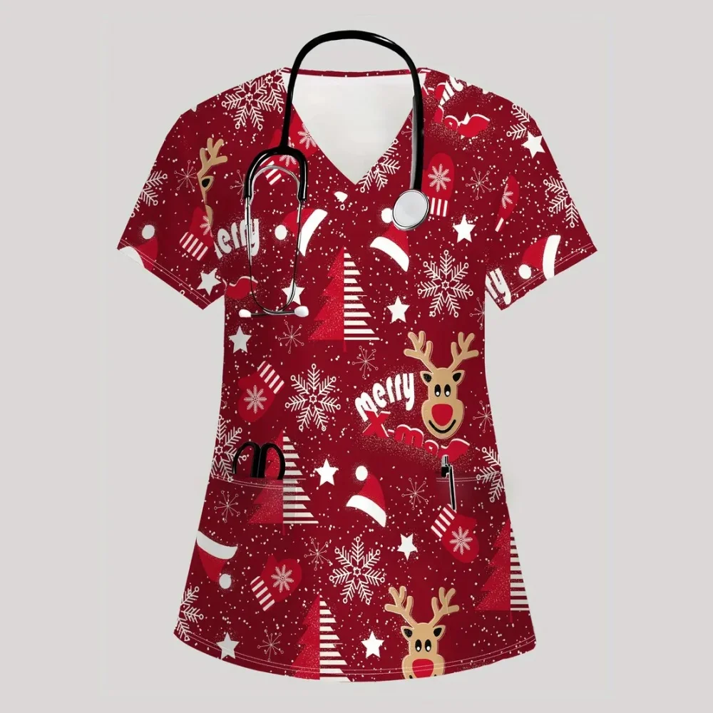 عيد الميلاد الزي الجراحي امرأة عيد الميلاد موضوع نمط موضة الخامس الرقبة جيب قصيرة الأكمام بلايز التنقل الدعك موحدة امرأة