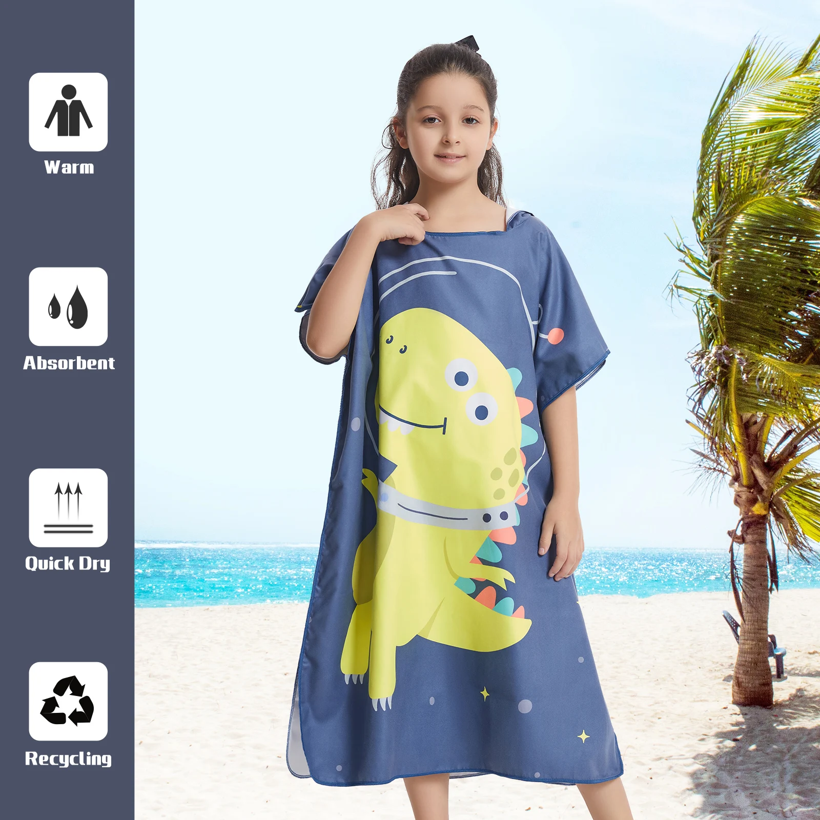 Microfiber children quickdrying robe, printed animals hooded towel poncho, water absorption quick-drying sand-free for swimming