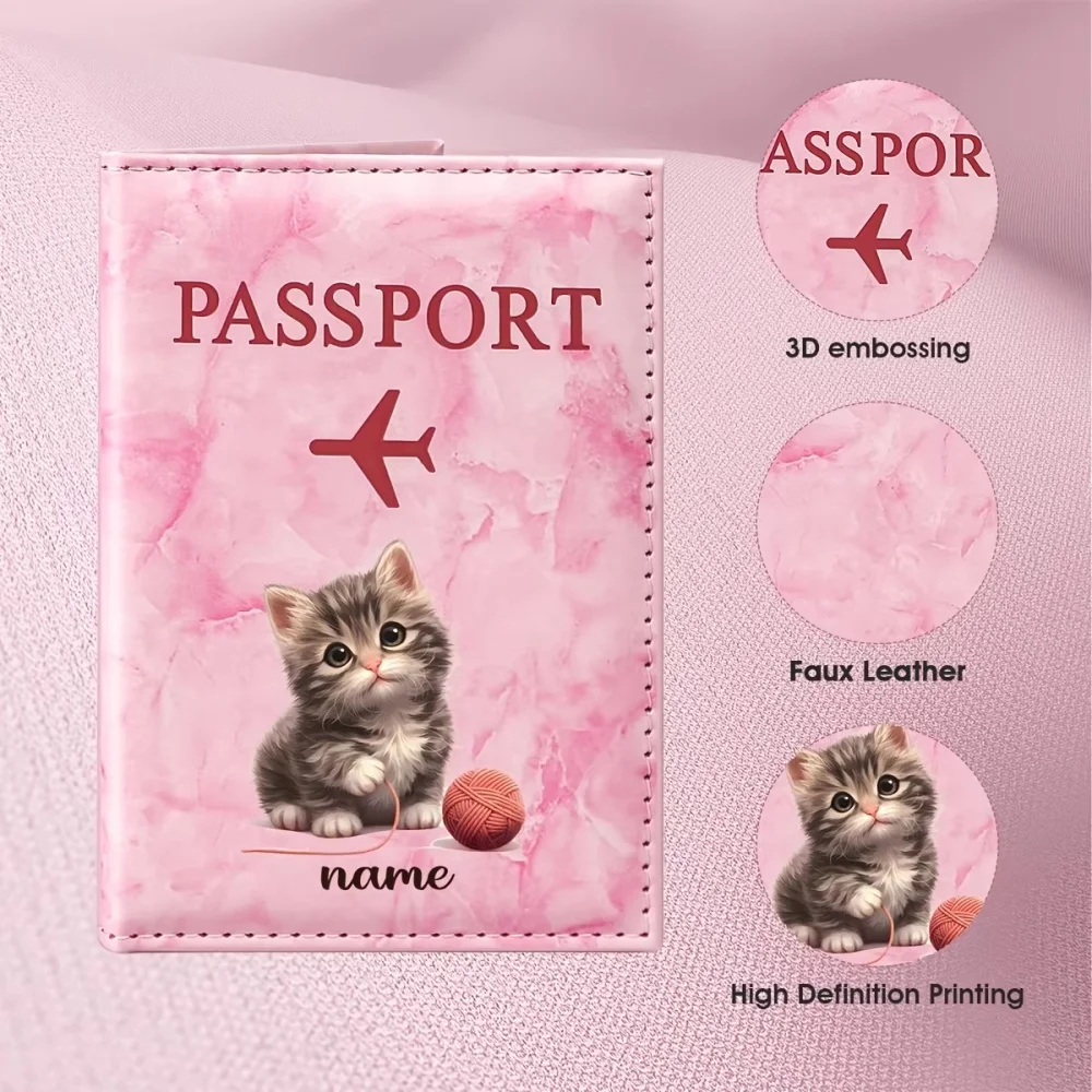 Customized Name Cute Cat Knitted Ball PU Passport Holder,Personalized Adorable Kitten Illustration Travel Case