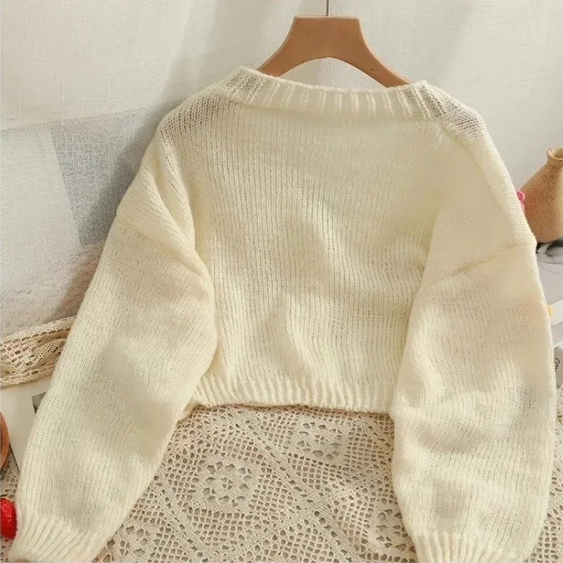 Neue Herbst Winter Bunte Applique Blume Strickjacke Für Frauen Mädchen Nette Weiche Strickwaren Lange V-ausschnitt Stricken Crop Pullover