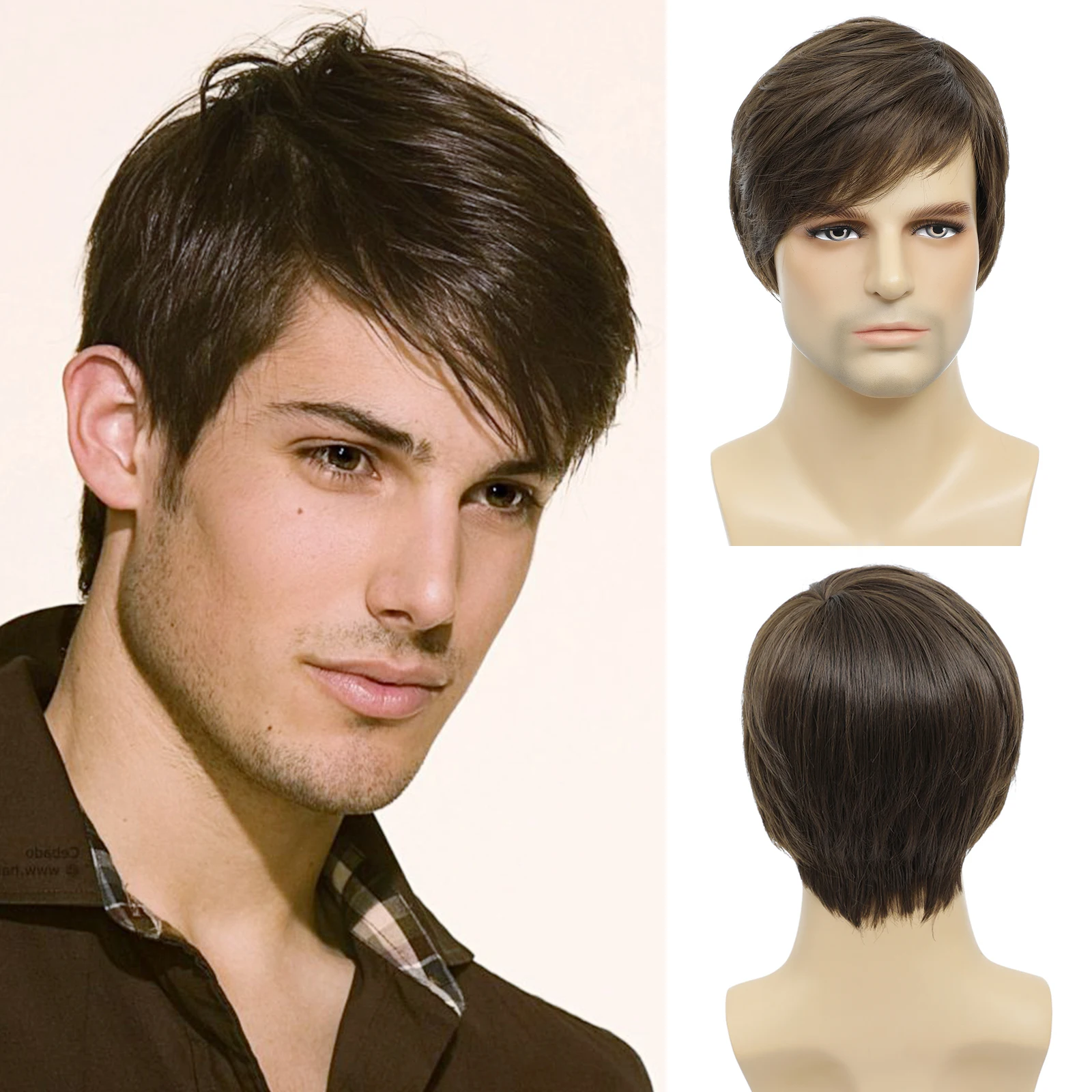 Mens Brown Wig Straight Short Mens Wig Realistic Natural Male Side Part Wigs for Halloween Men Man