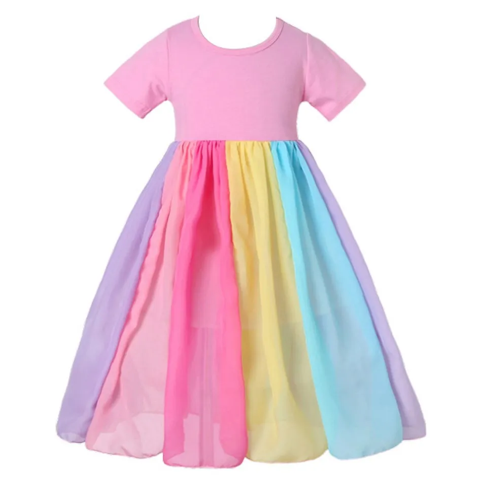 1 2 3 4 5 6 7 8 Years Rainbow Girl Summer Dress Kids Colorful Swing Flared Dresses Children Birthday Party Pink Clothes for Kids