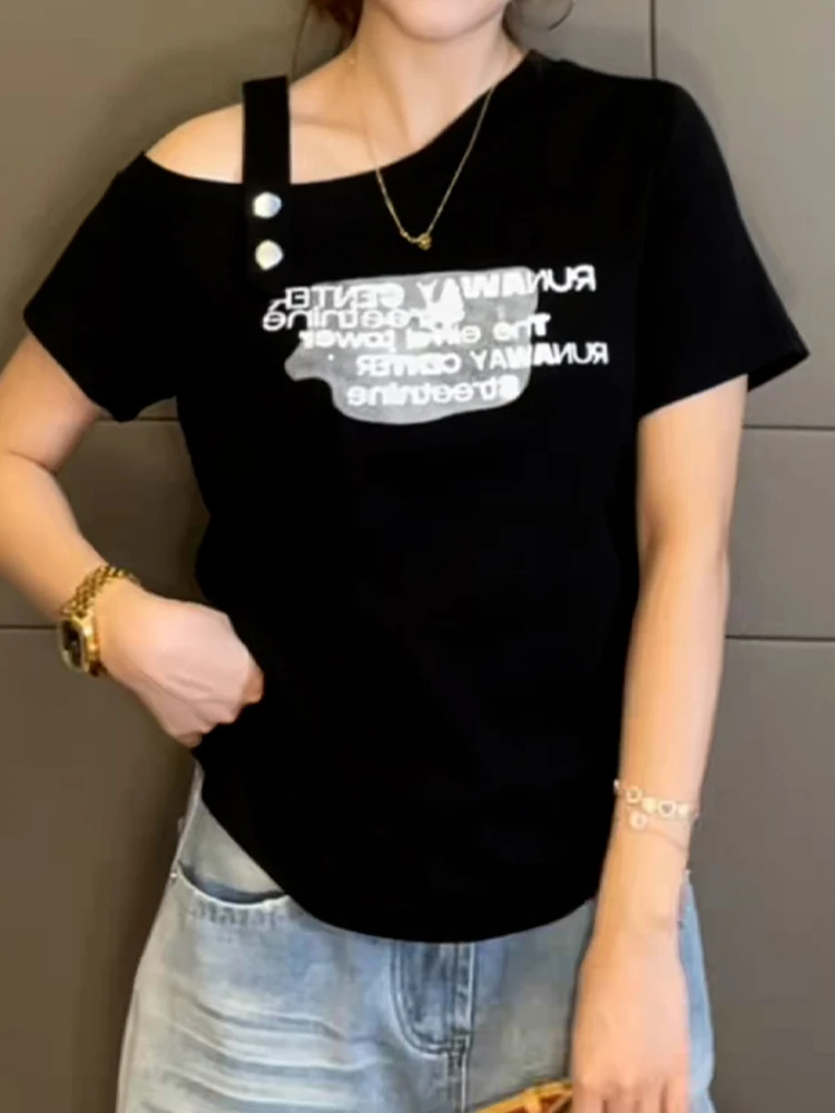 تنوعا القطن الخالص عارضة تي شيرت المرأة ort Sve إلكتروني طباعة oulder Bared أعلى Faionable الصيف وصول جديد