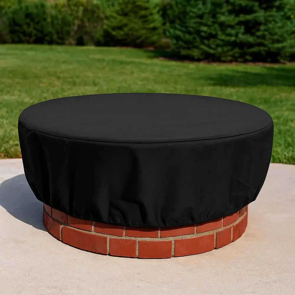 600D Oxford Fire Pit Cover Waterproof Elastic Hem Protective Cover Weather Resistant Black Outdoor Fireplace Cover