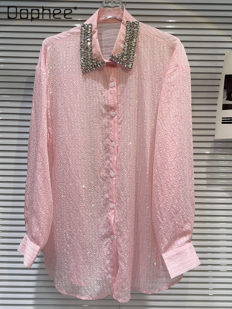 

Beaded Collar Heavy Industry Rhinestone Long-Sleeved Women Shirt 2024 Spring Summer New Candy Color Sun Protection Shirt Tops