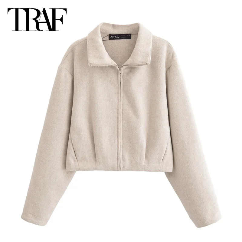 TRAF Women's Cropped Jacket 2024 Elegant Winter Long Sleeve Short Jacket Fashion Casual Beige Loose Coat New In Outerwears