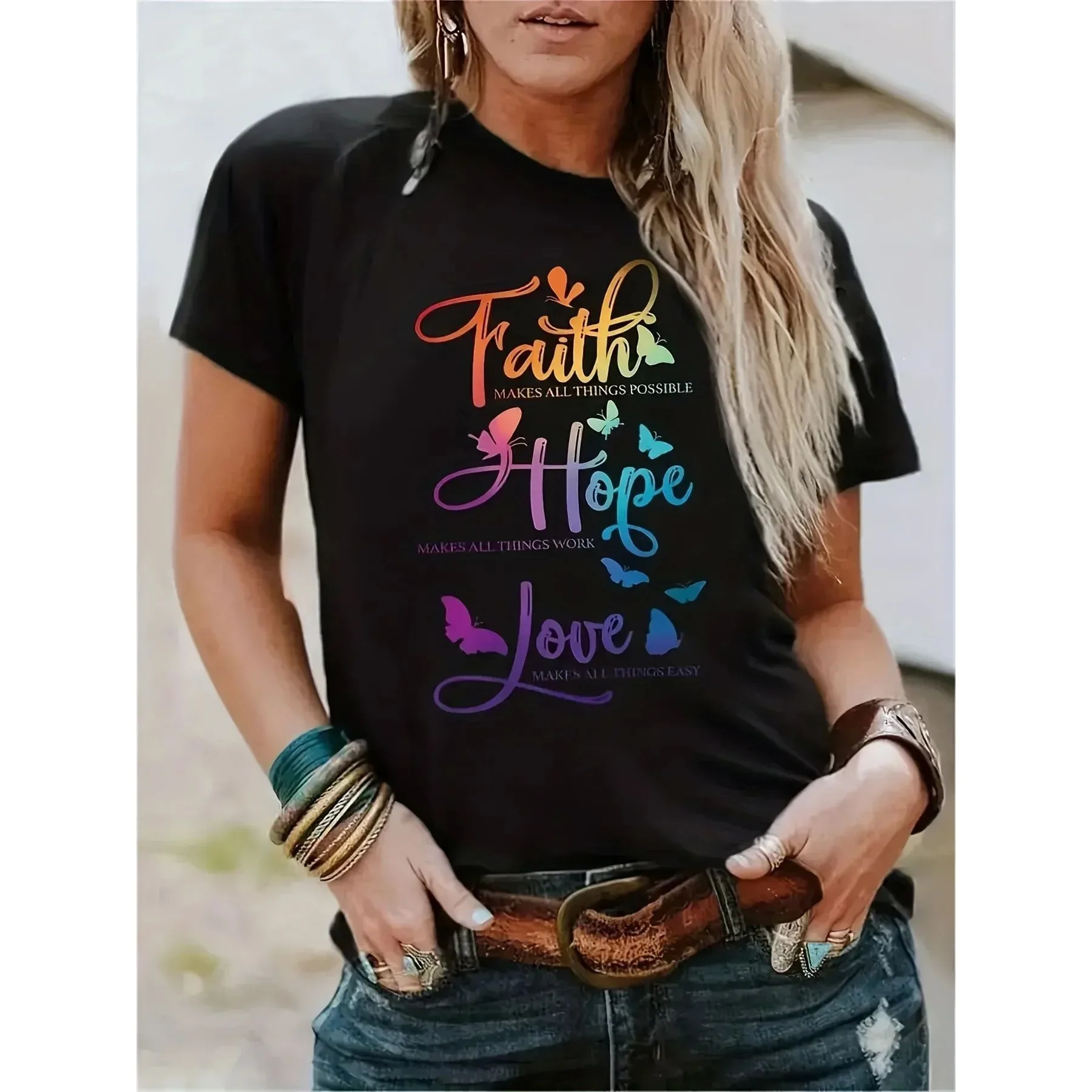 

Faith Hope Love Print Casual Tirt Women's ort Sve Comfortable Cotton Top for Autumn ex Design