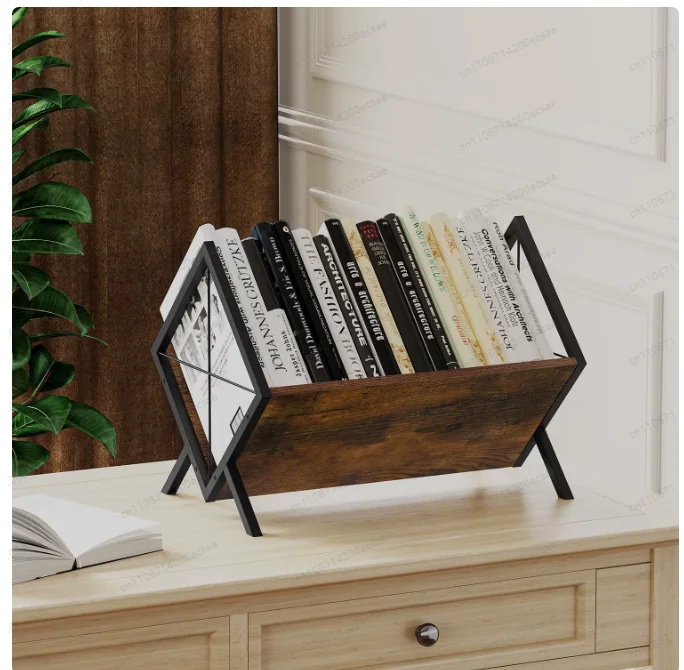 Solid Wood & Wrought Iron Vinyl Record Rack – Combined CD Disc Storage Stand for Large-Capacity Album Collection on Desktop