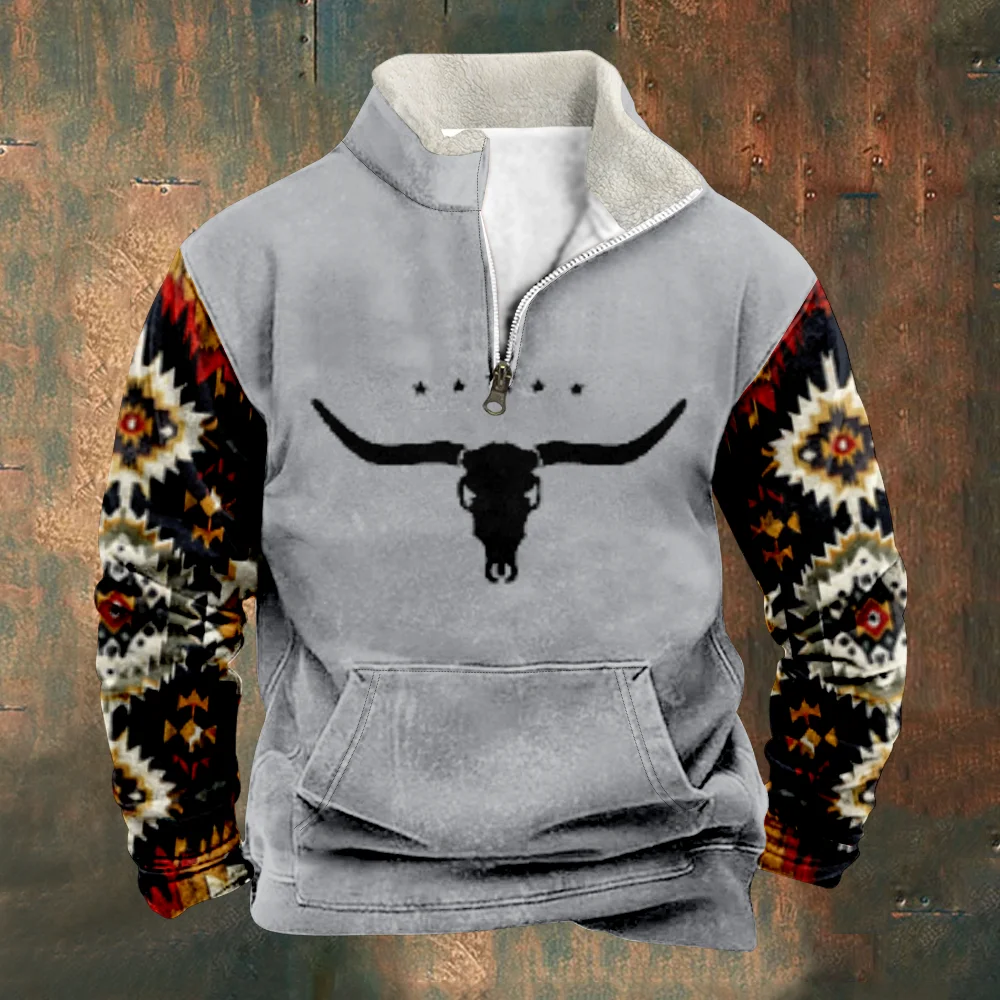 Patchwork Men\'s Hoodie Vintage Graphic Bull Bones Sweatshirts Long Sleeve Stand Collar Zipper Casual Pullovers Sweatshirt