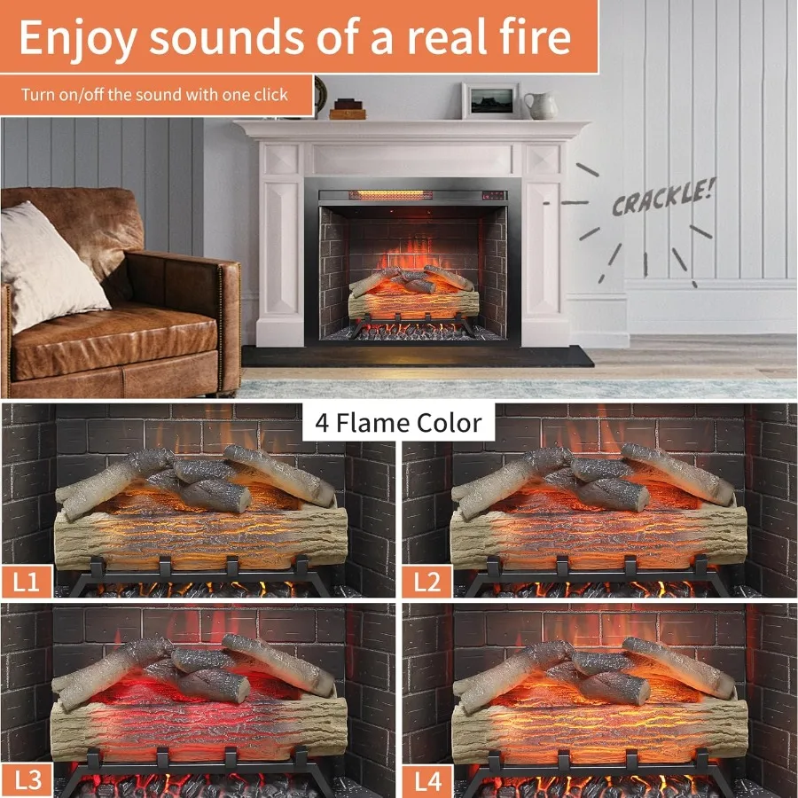 28 Inserti per caminetto elettrico con fiamma regolabile, suono crepitante, termostato incorporato e telecomando per il riscaldamento domestico