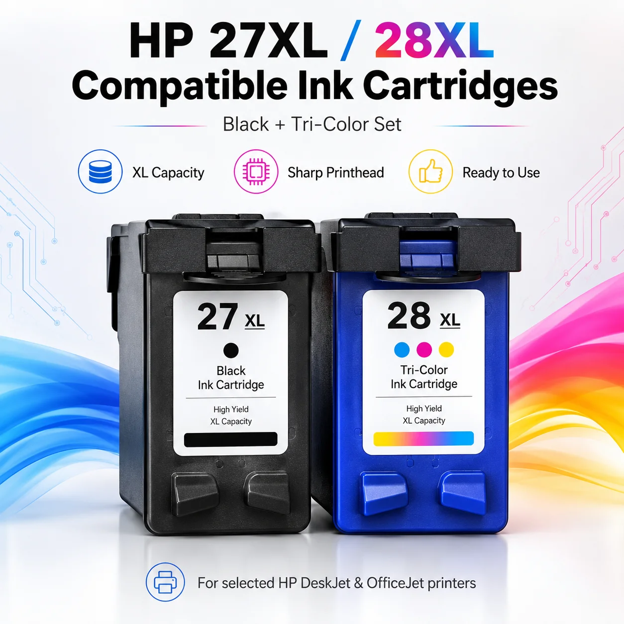 27XL 28XL Compatible Ink Cartridges for HP DeskJet 3320 3420 3520 3550 OfficeJet 4211 4255 Black Tri-Color 2-Pack