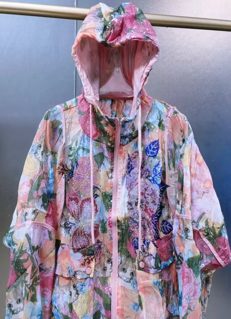 

New In Sparkle Colorful Sequins Hooded Sunscreen Shirts Blouses For Women's Long Sleeve Loose Casual Thin Outwear Tops Jacket