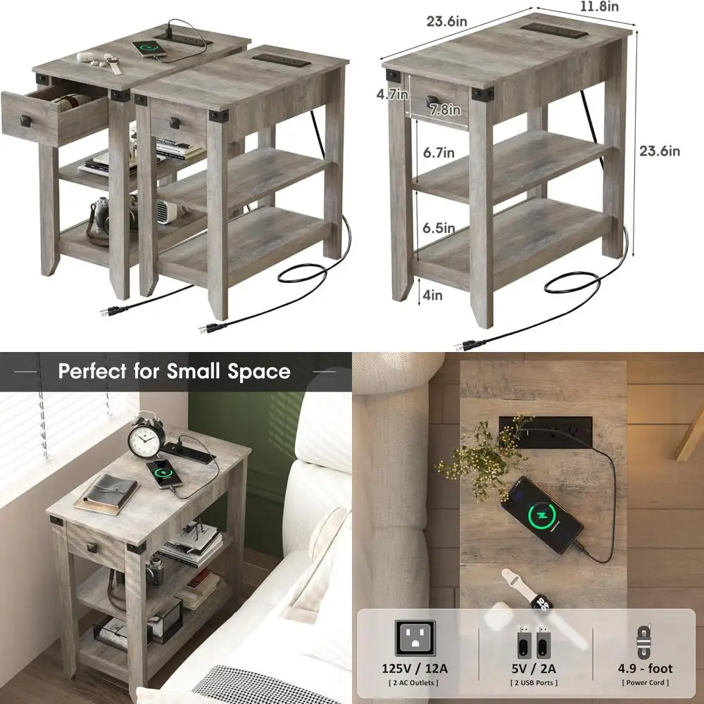pair of compact end tables for living spaces with built-in charging, slim side table for charging needs, compact nightstand for