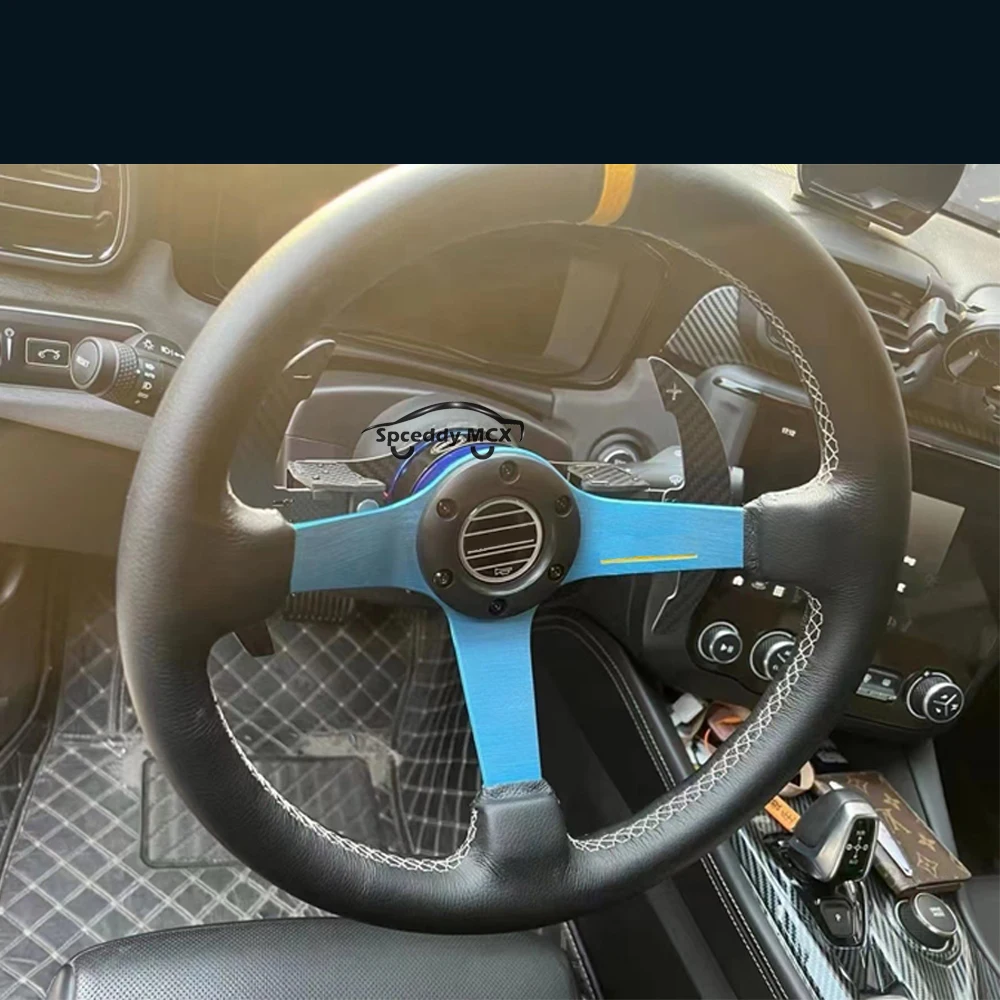 14inch/350mm Real Leather Racing Sport Steering Wheel Deep Dish Black Blue