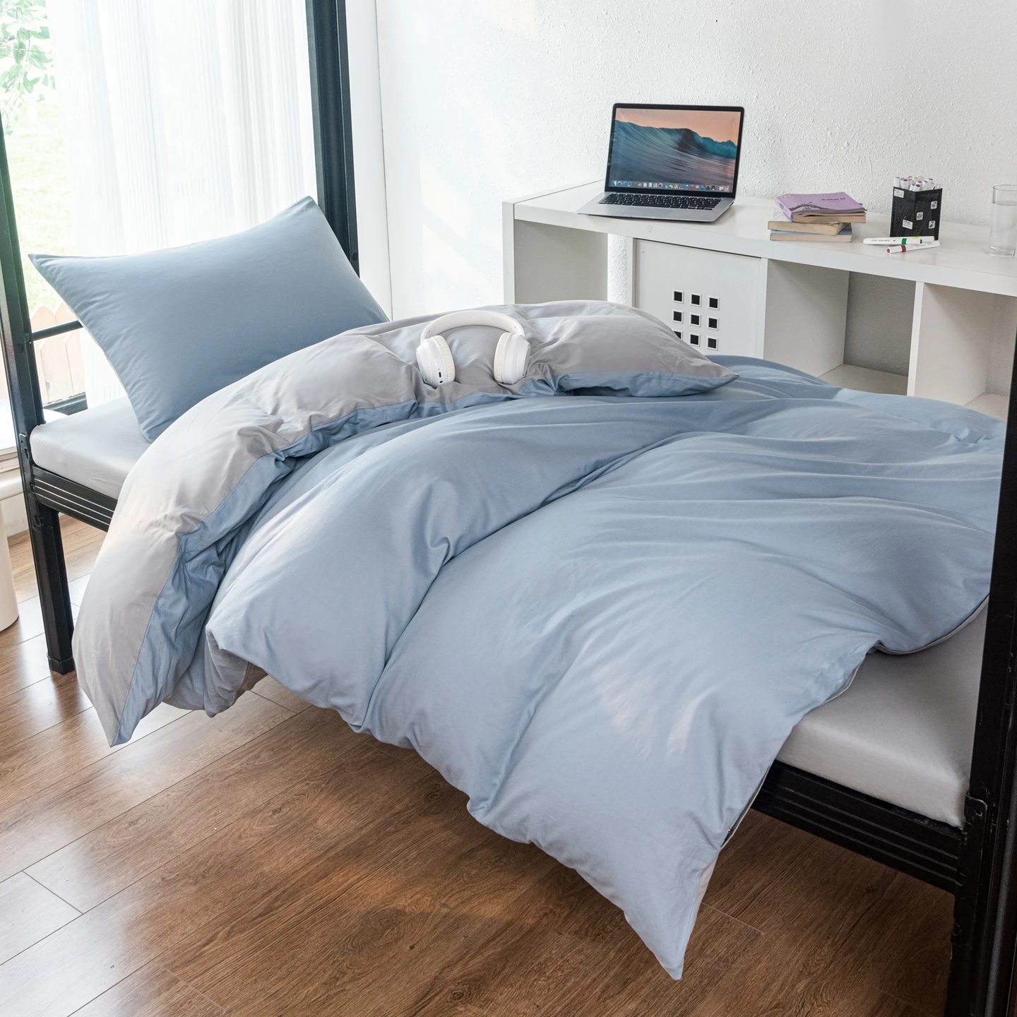 Minimalism Solid color Bedding Set, 100% Cotton 3pcs Set Single Size, Back to School Season for Student Dormitory Decoration