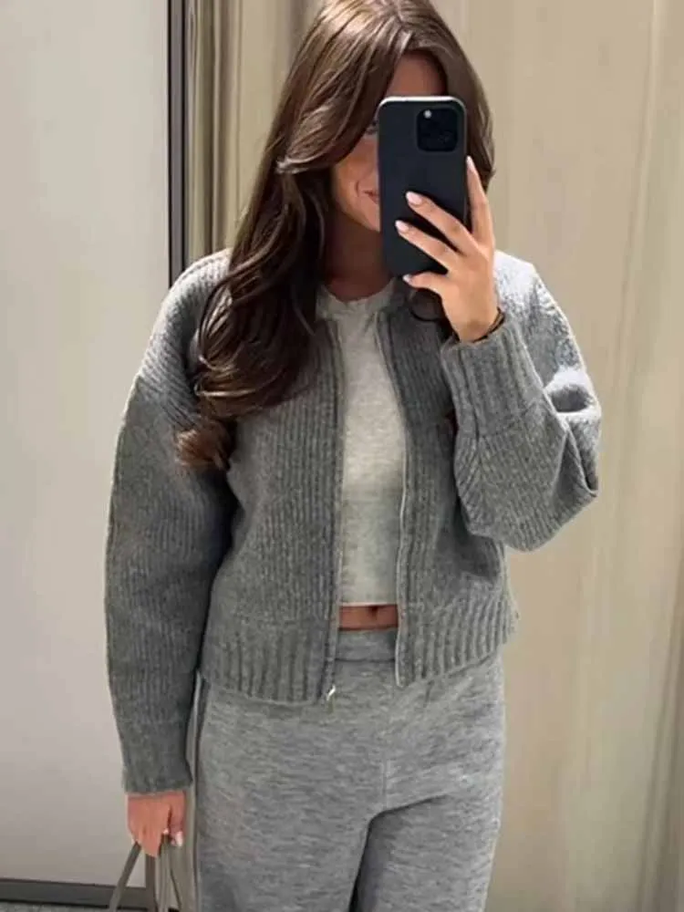 ZHUISHU Fashion Kint Grey Zippers Women Cardigan Sweater Spring Long Sleeve Pleater Swetry damskie 2024 Elegant Casual Lady Out