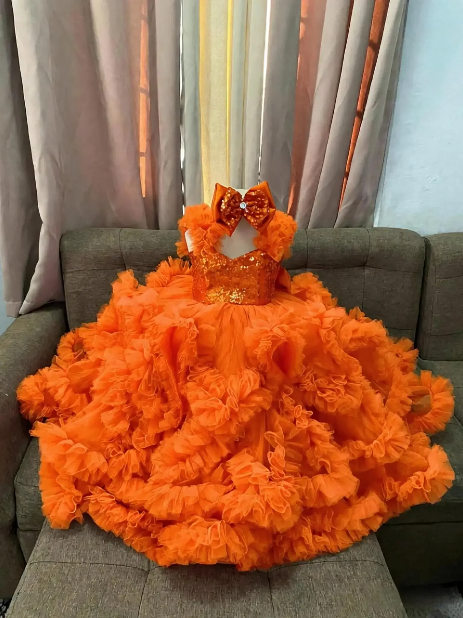 

Custom Sequin Ruffle Flower Girl Dress Bow Wedding Pageant Gown For Kids Girls Birthday Party Formal Special Occasion