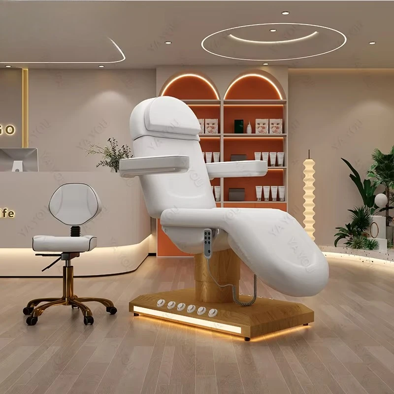 Luxury 3-Motor Wood Grain Base Beauty Massage Bed with Foot Control Facial Bed