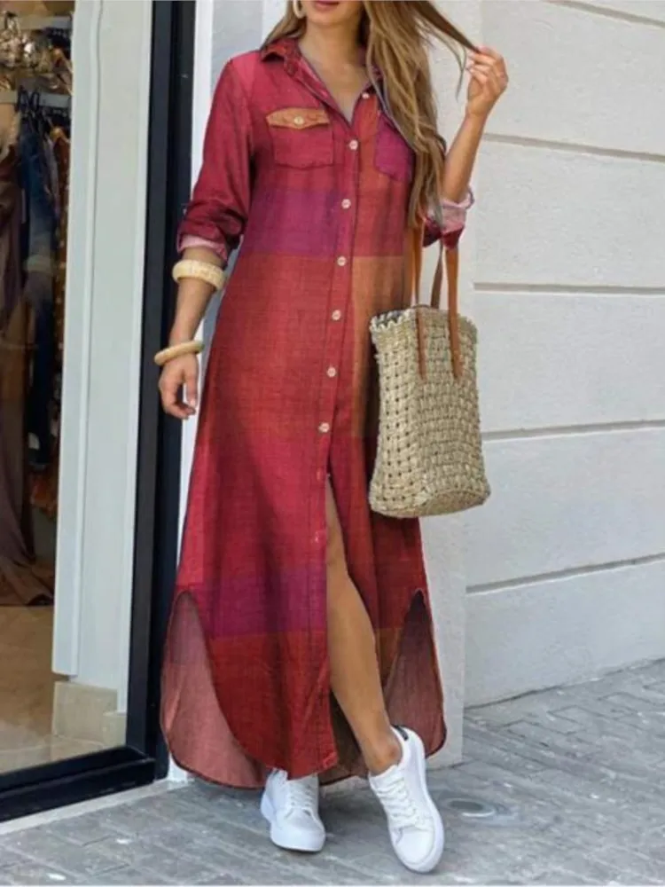 New Summer Personalized Printed Button Long Sleeve Shirt Dress Long Women's Dress 2025 Fashionable Casual Street Loose Dress