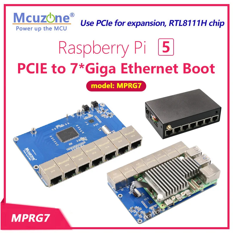 MPRG7, Raspberry Pi 5 PCIE to 7xGiga Ethernet board, driver free with RPi OS and OpenWRT, support Ubuntu, Router