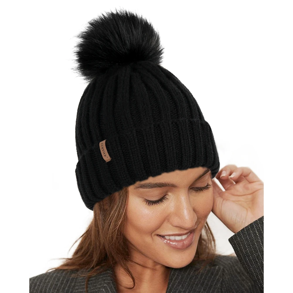 Furtalk-Women's Knitted Beanie Hat with Removeable Faux Fur Pom, Winter Warm Knit Skull Cap for Outdoor Head Wear