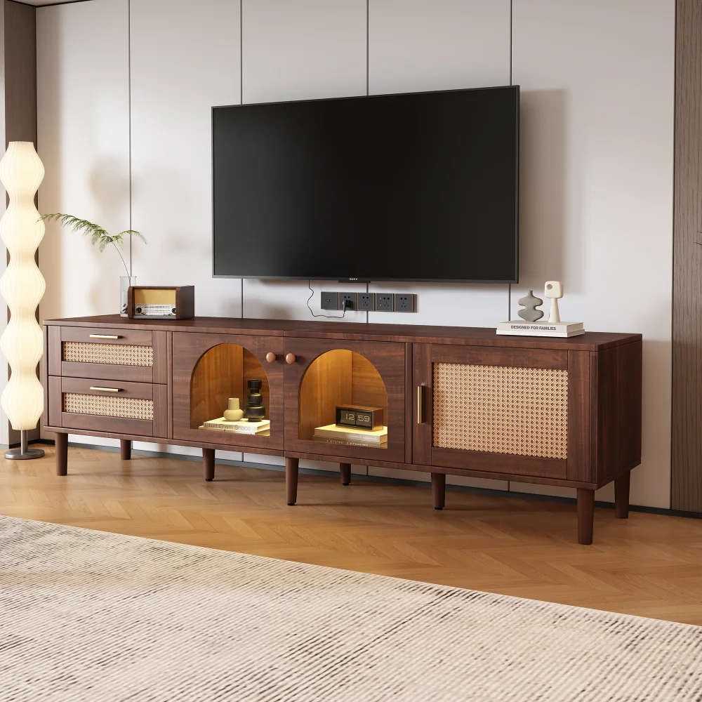 Rattan TV Stand with 3 Cabinets & 2 Drawers, Media Console Table for TVs up to 80'', TV cabinet for Living room, Bedroom