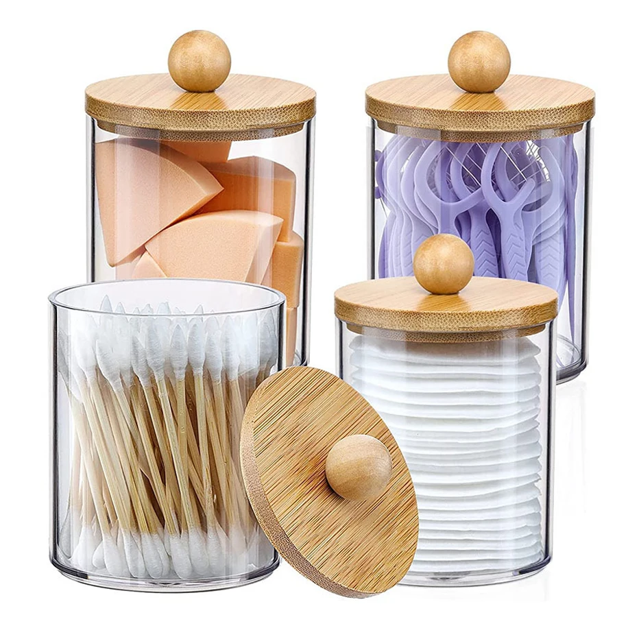 Bathroom Acrylic Storage Box Jar Makeup Organizer Cotton Round Pad Holder Cotton Swab Box Qtip Holder Dispenser with Bamboo Lid