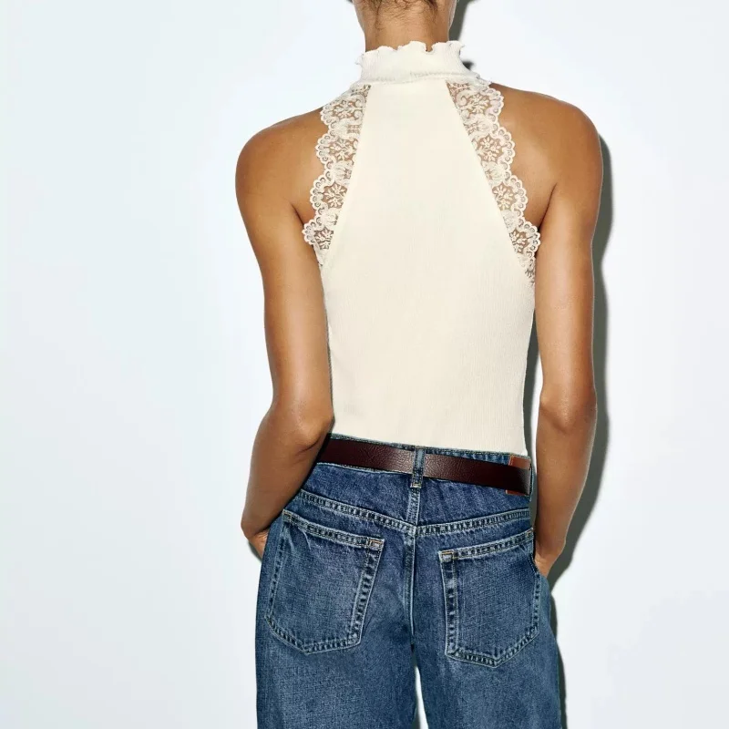 Fall 2026 New Women's Lace Slim Fit Sleeveless High Collar Top Fashionable Trendy Half High Collar Ribbed Lace Upper Body