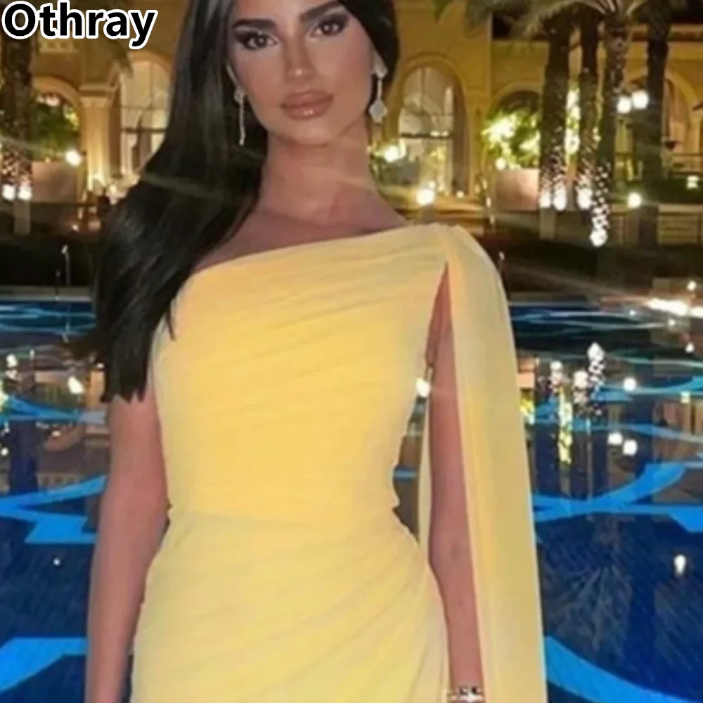 Othray Yellow Elegant Evening Dress One-shoulder Sheath Fold Chiffon Arabic Women Formal Prom Gowns Dubai Party فساتين سهره فاخر