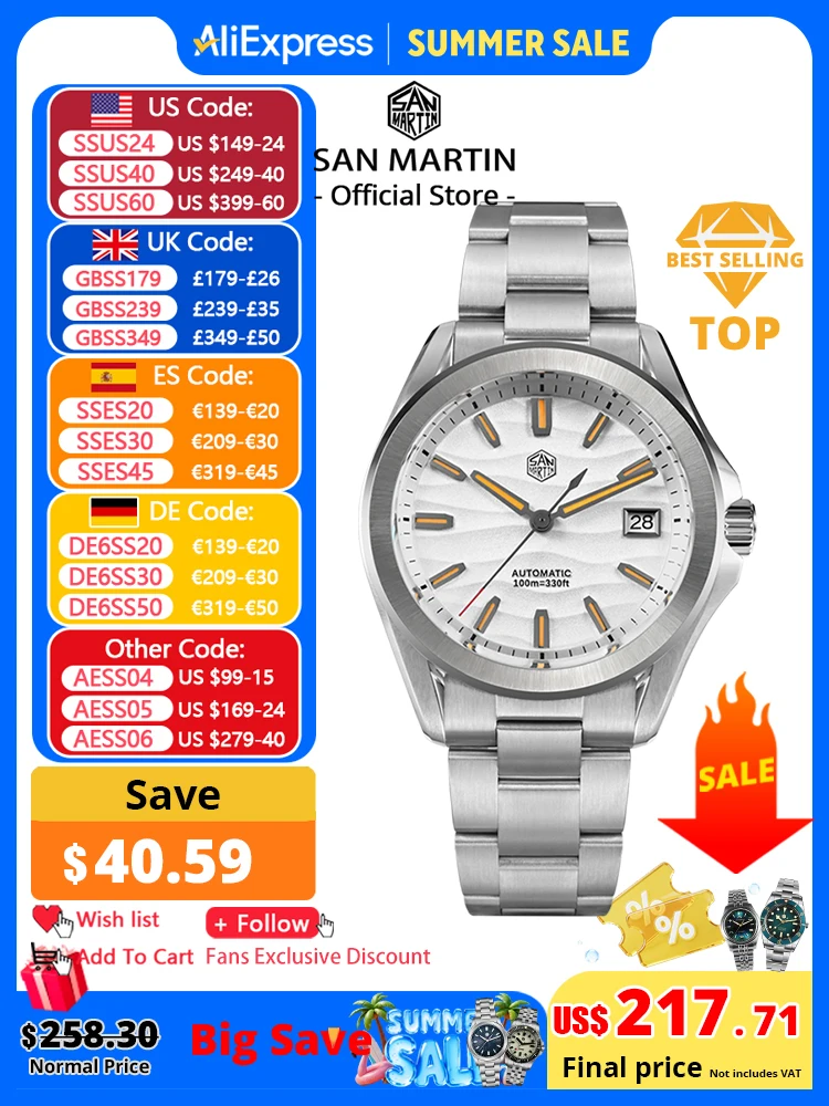 San Martin 39mm Gada Fashion Men Dress Watch Orange Luminous NH35 Automatic Mechanical Business Watches Waterproof  SN0129 Reloj