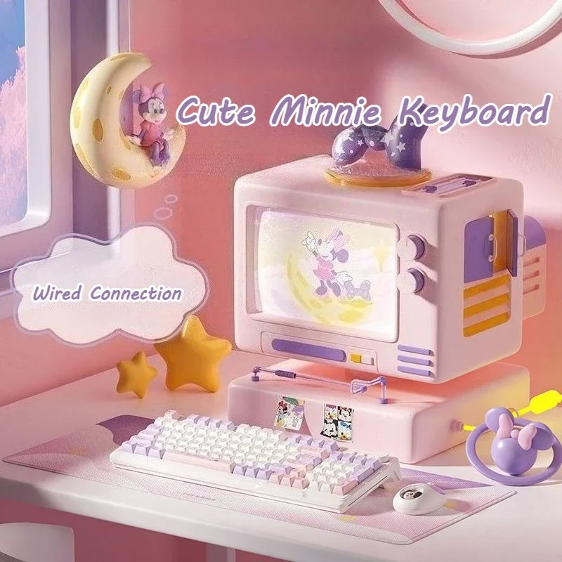 

Проводная клавиатура Kawaii Minnie с фантазийной тематикой, бесшумная клавиатура для портативного компьютера, игровая клавиатура с цветной подсветкой, 94 клавиши