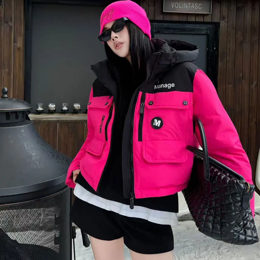 Inverno pato branco para baixo casaco puffer parkas roupas de trabalho feminino quente engrossado curto outwears feminino retalhos com capuz jaqueta