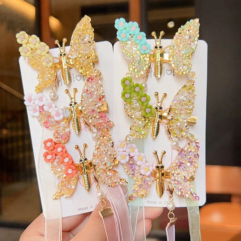 2023 New Children Summer Butterfly Rhinestone Hairpin Clip Sweet Pearl Ancient Style Barrettes Hairpins Kids Hair Accessories