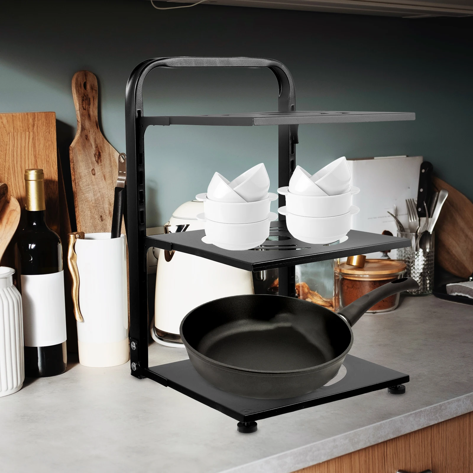 

Adjustable Pot Organizer Heavy Duty Kitchen Storage Multi-Layer Countertop Pan Rack Detachable Panels Multi-Function Spice Plate