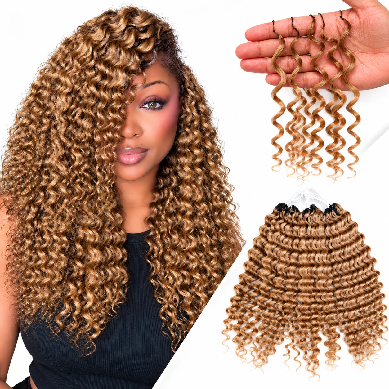 Deep Wave Crochet Feather Human Hair #27 Honey Blonde Miracle Knots Extensions Pre Separated Knotless Braiding Hair With String Soft Natural Curly Texture Boho Crochet Braids Lightweight Reusable Hair Extensions