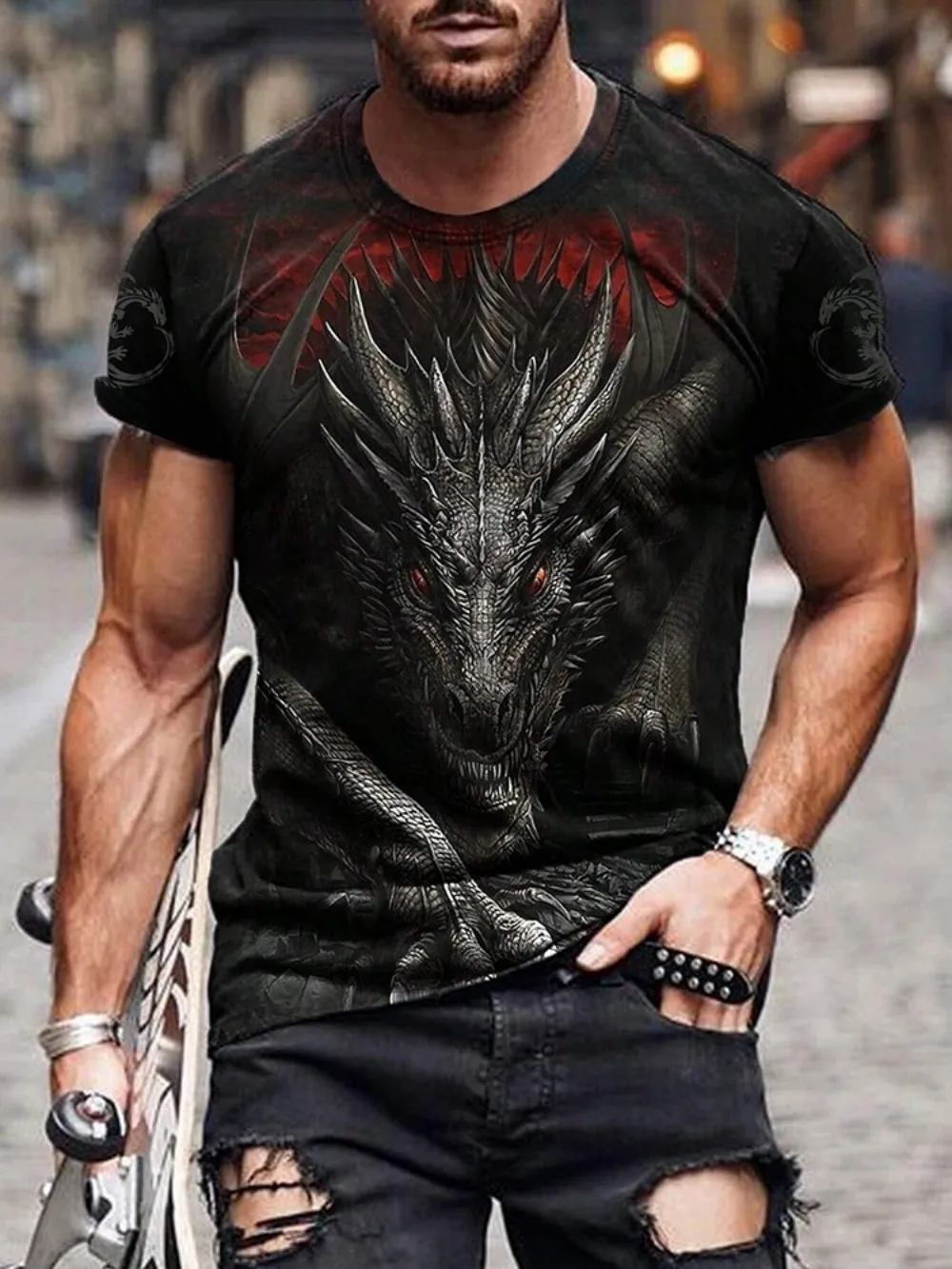 Heißer Verkauf Herren Sommer personalisierte Drachen- und Totenkopf-Druck bequemes und atmungsaktives Rundhals-T-Shirt Outdoor-Party lässig