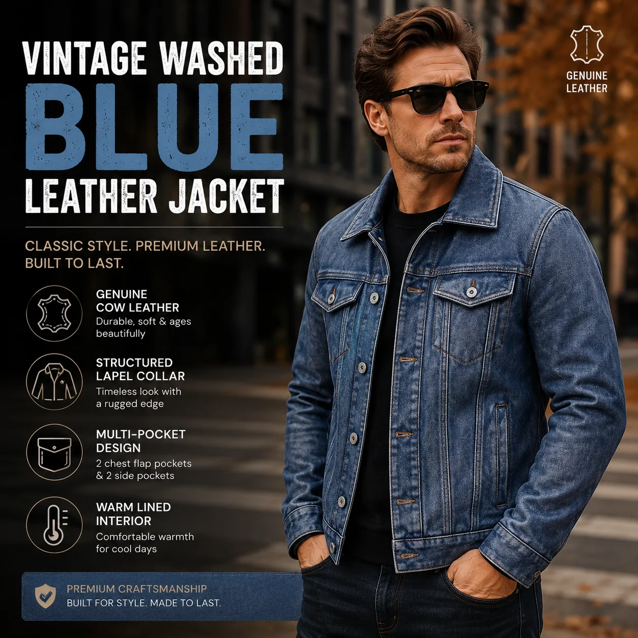 Men's Motorcycle Leather Jacket Light Blue Ami Khaki Retro Graphite Distressed Denim Genuine Leather Jacket Slim Short Jacket