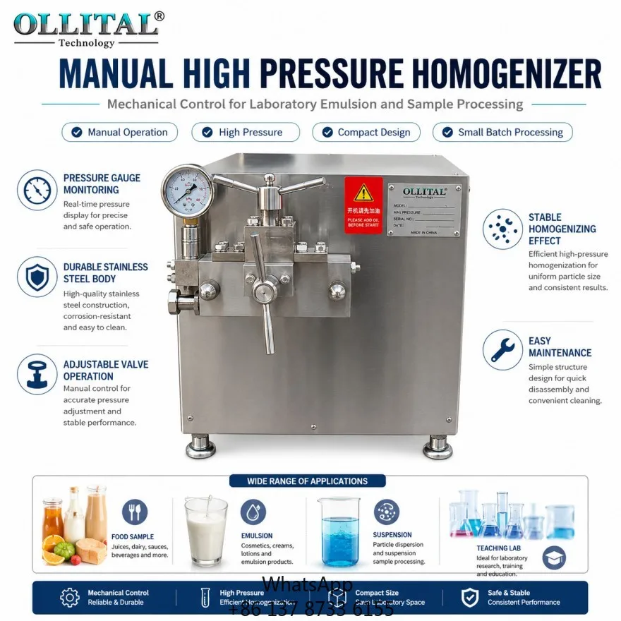 Ollital Manual High Pressure Homogenizer With Pressure Gauge For Suspension Emulsion And Sample Testing