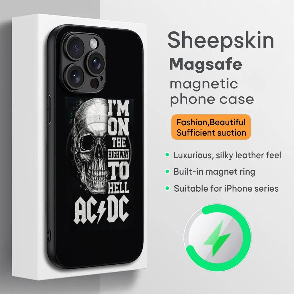 Funda para Teléfono Ro-ck A-AC D-DC Cool Band para iPhone 17 16 15 14 13 12 11 Plus Pro Max, de Alta Gama, Lujosa, con Magsafe, de Piel de Oveja