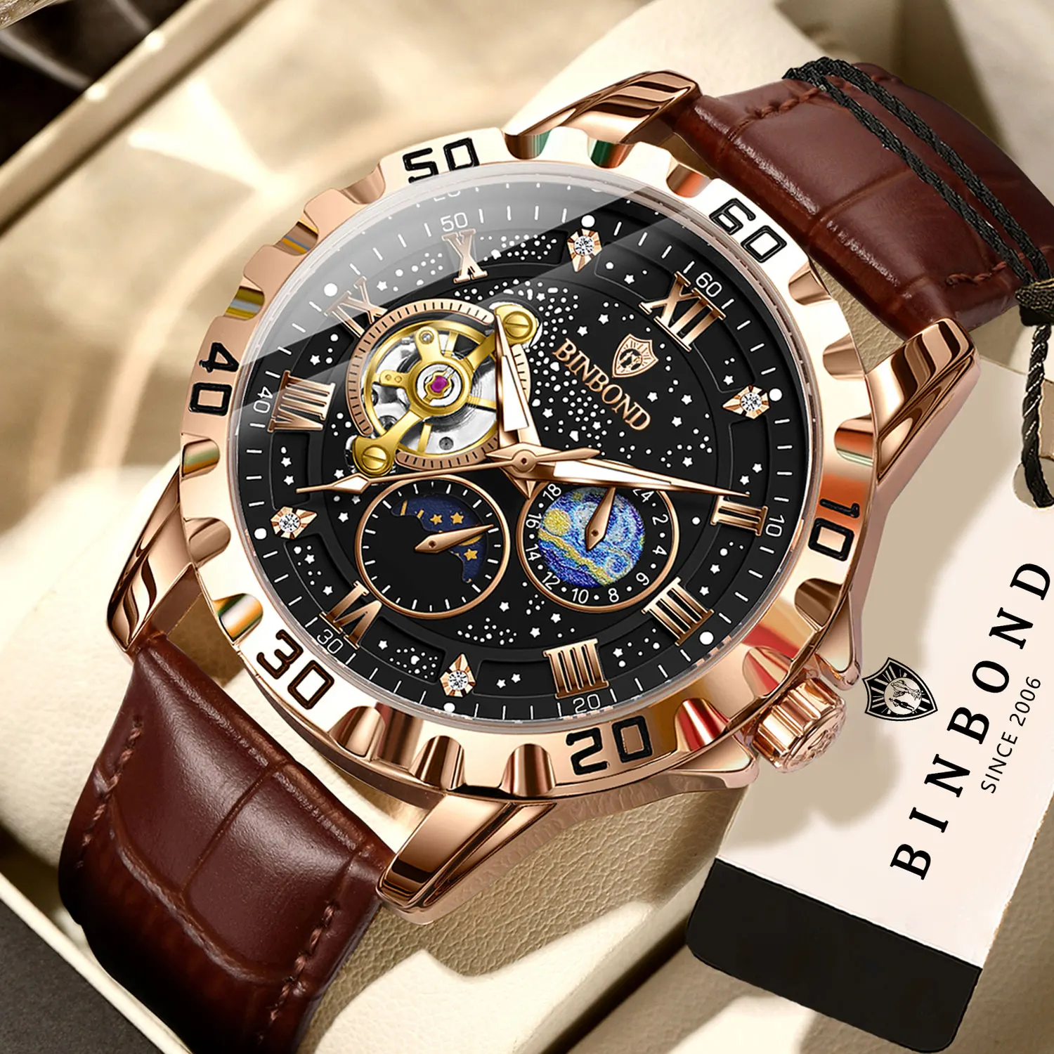 BINBOND Automatic Men's Watch Skeleton Reloj Real Leather Mechanical Wristwatches for Men Luxury Tourbillon Luminous Waterproof