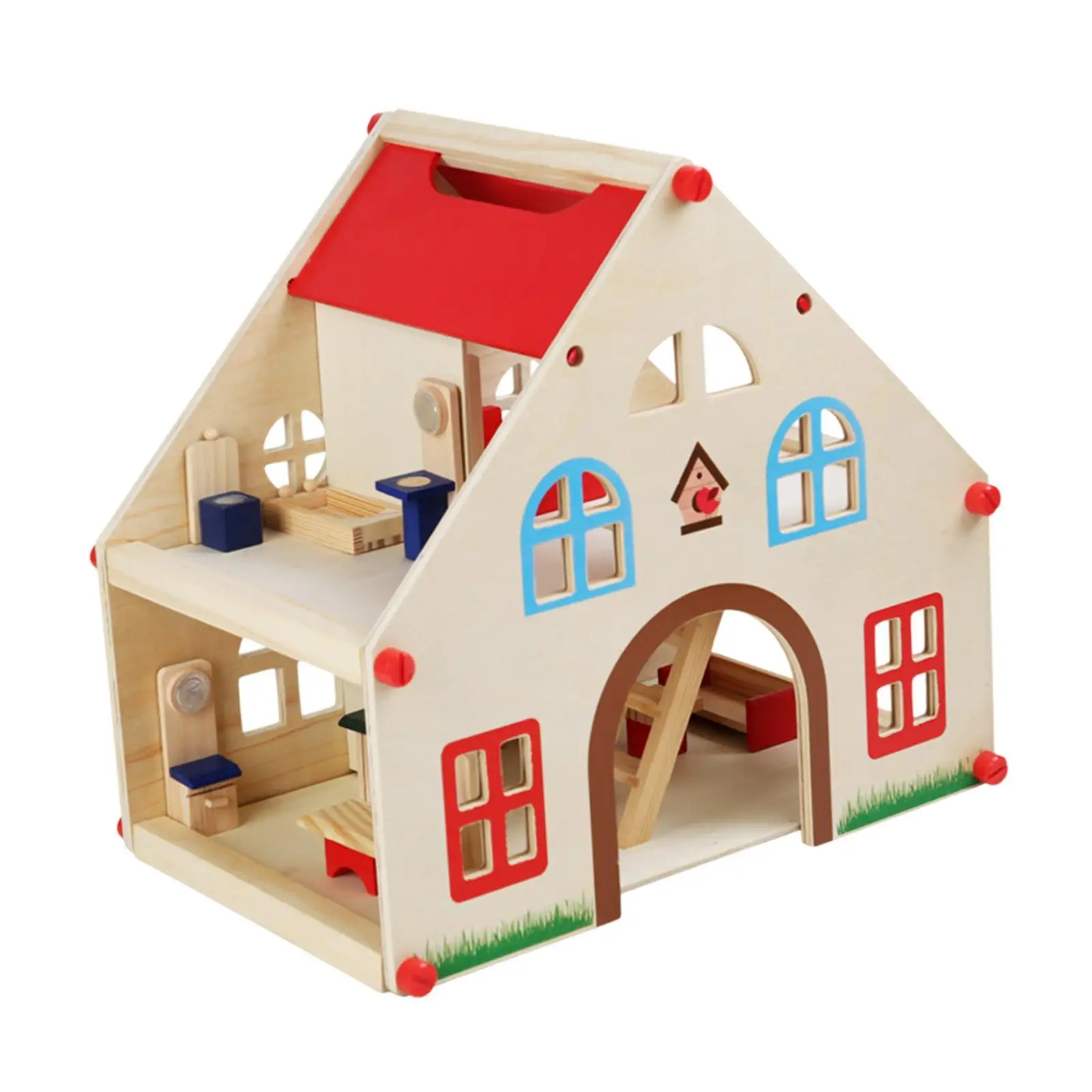Doll House Toy Wooden 2 Storey Miniature Furniture Set for Kids Pretend Play with Dollhouse Decor and Kitchen Accessories