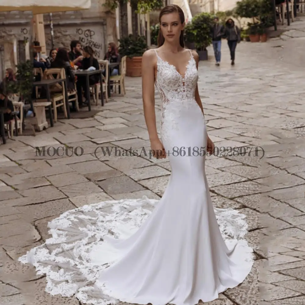 

High Quality Wedding Dresses 2023 V-Neck Spaghetti Straps Backless Bride Gowns Jersey Mermaid Lace Applique Vestido De Noiva