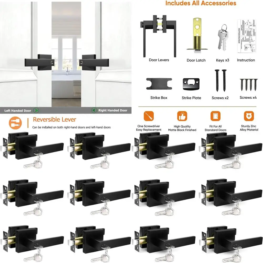 

Набор из 6 матовых черных внутренних дверных ручек с замком и ключом, усиленные реверсивные рычаги, подходят для дверей толщиной от 1-3/8 до 1-3/4 дюйма, подходят для